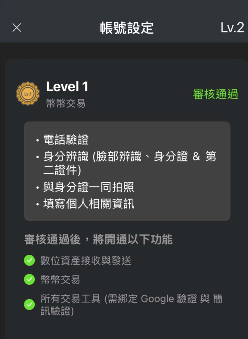 圖 2 MAX Lv.1 審核通過畫面與開通功能。